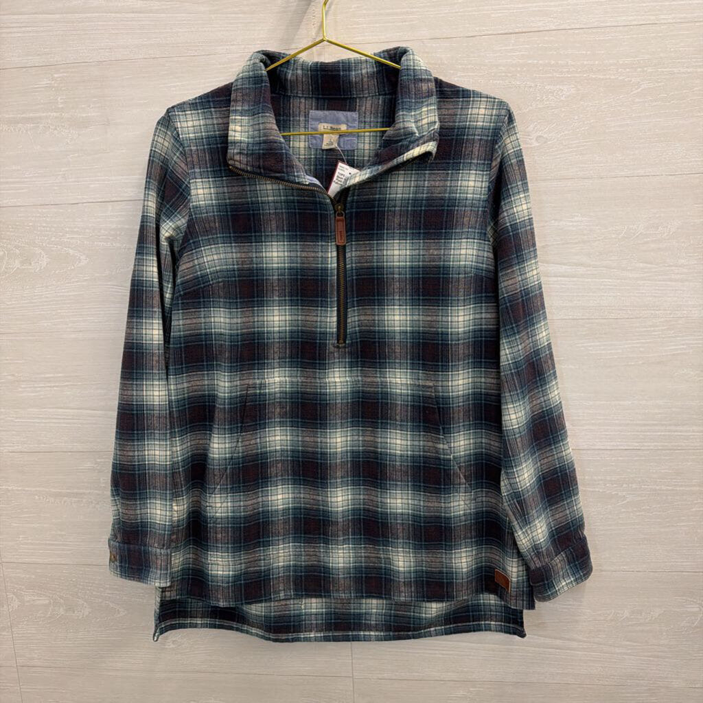 LL Bean Blue/ White Plaid Quarter Zip Pullover Small