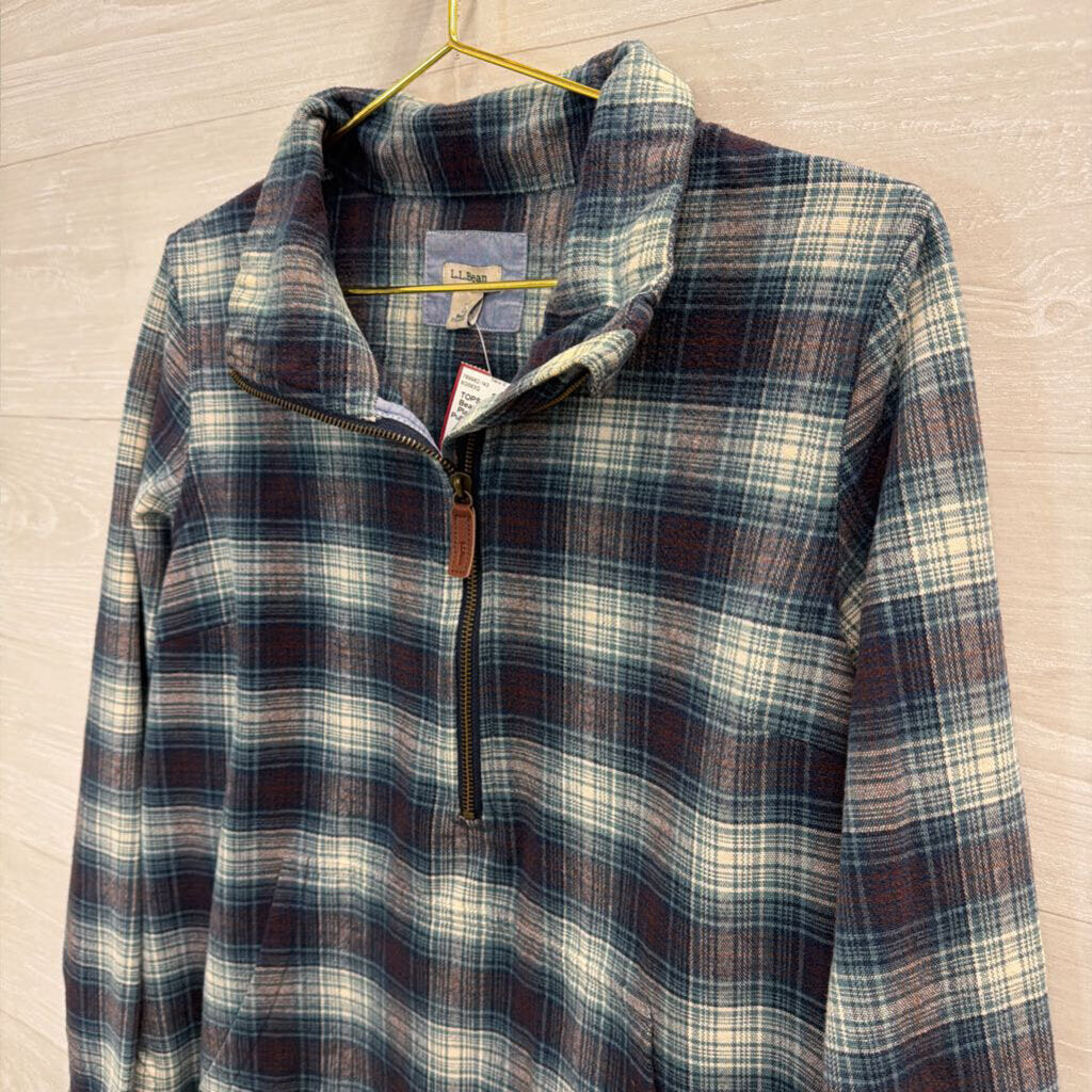 LL Bean Blue/ White Plaid Quarter Zip Pullover Small