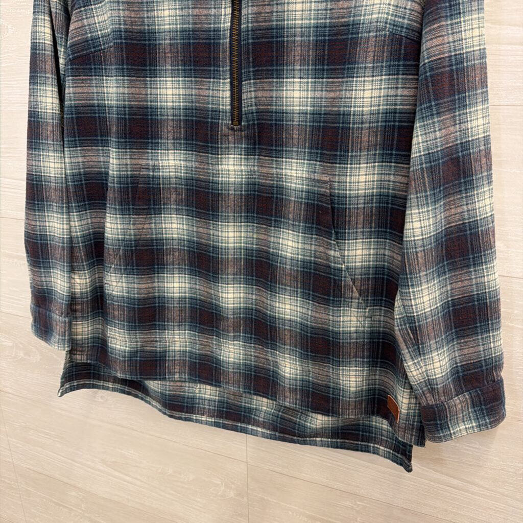 LL Bean Blue/ White Plaid Quarter Zip Pullover Small
