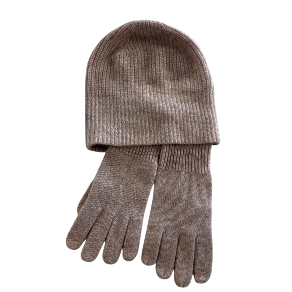 Quince Beige 100% Cashmere Knit Beanie/ Gloves Set One Size