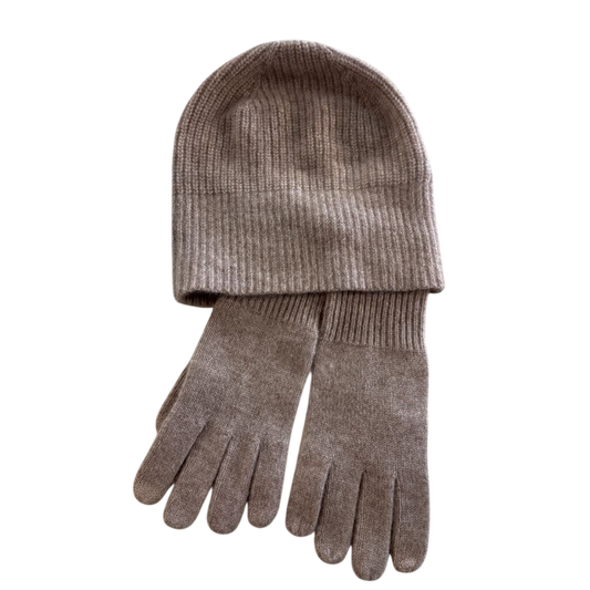 Quince Beige 100% Cashmere Knit Beanie/ Gloves Set One Size
