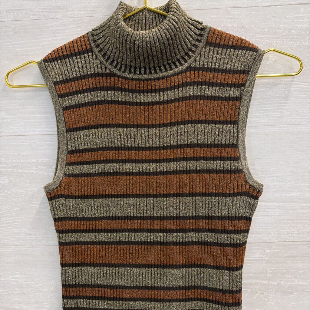 Cable and Gauge Metallic Gold/ Orange Striped Sleeveless Turtleneck Top Small