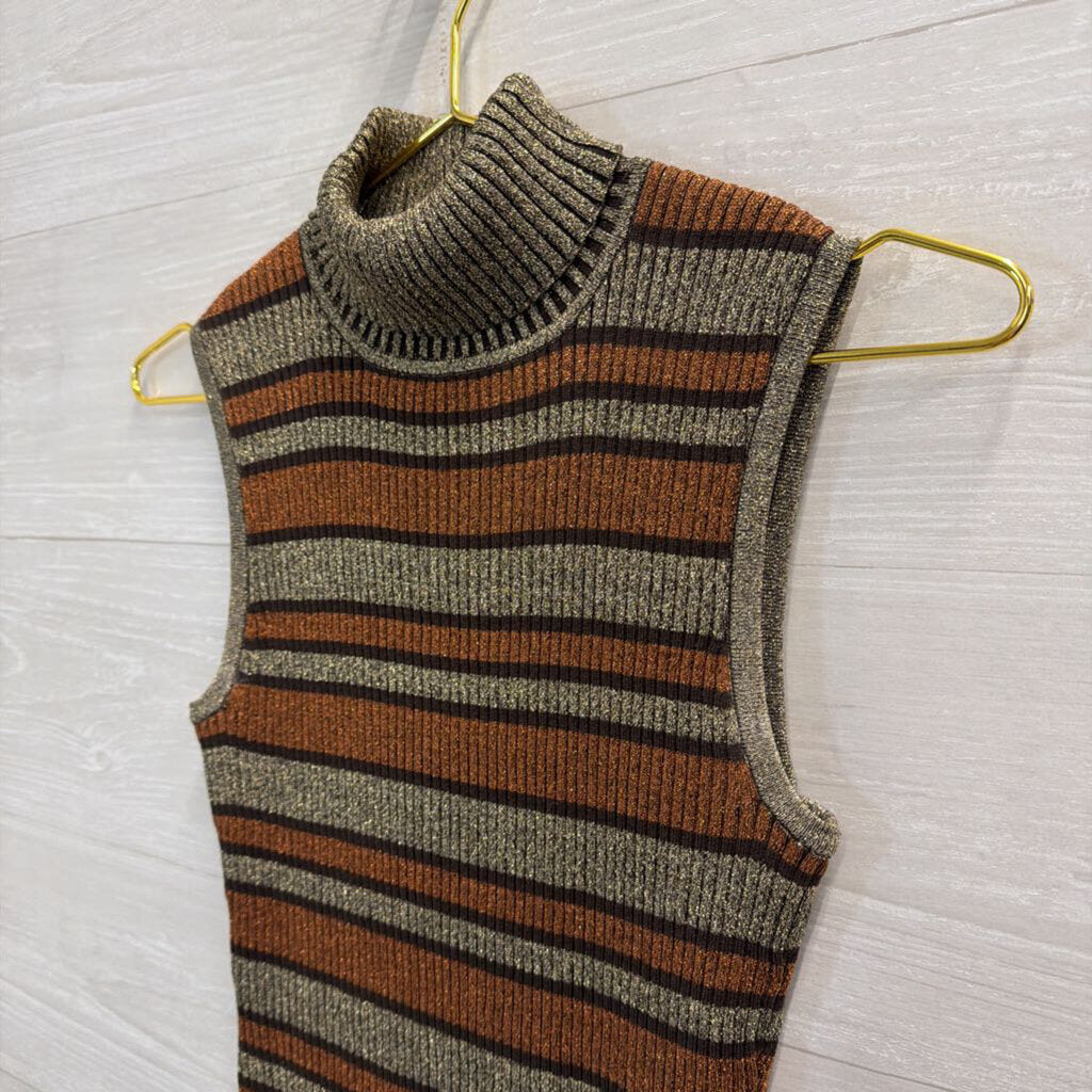 Cable and Gauge Metallic Gold/ Orange Striped Sleeveless Turtleneck Top Small