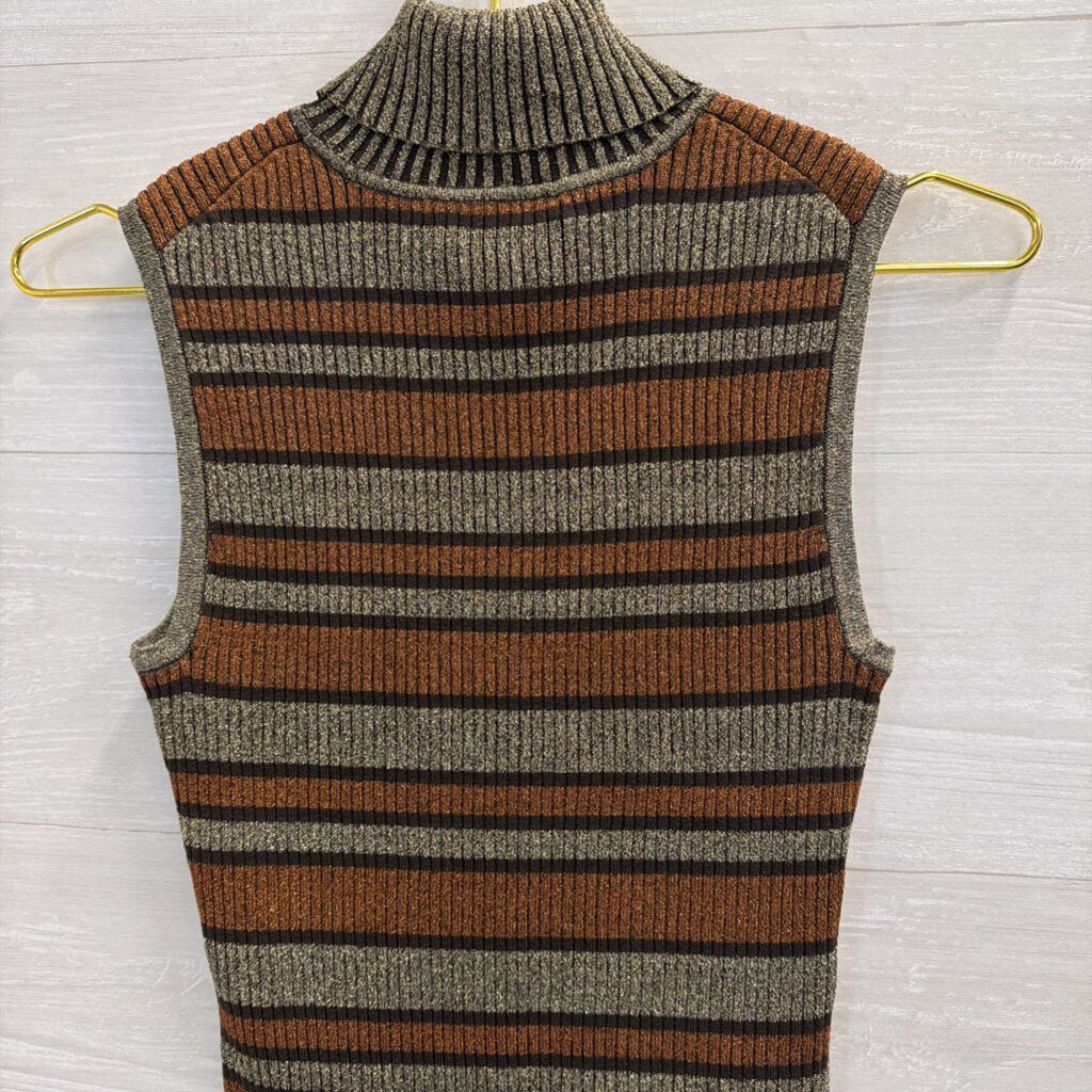 Cable and Gauge Metallic Gold/ Orange Striped Sleeveless Turtleneck Top Small
