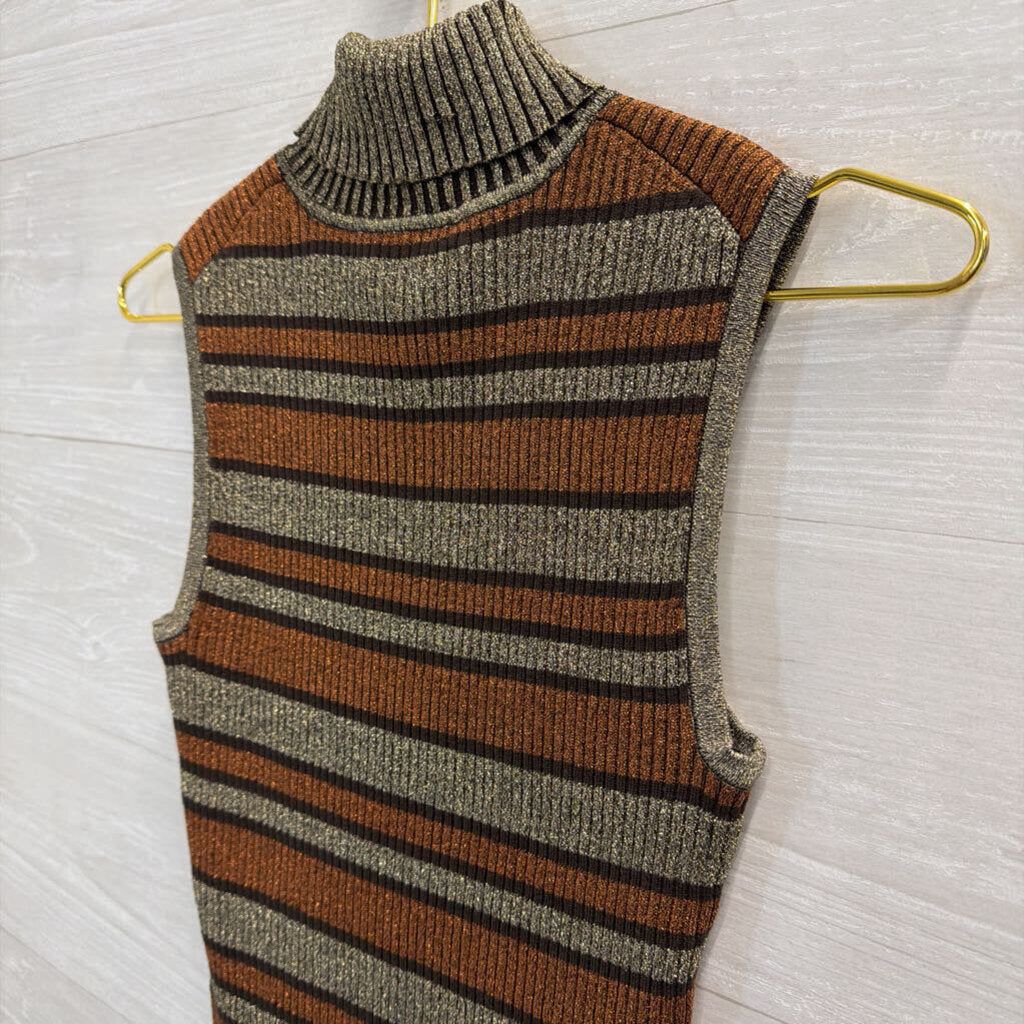 Cable and Gauge Metallic Gold/ Orange Striped Sleeveless Turtleneck Top Small