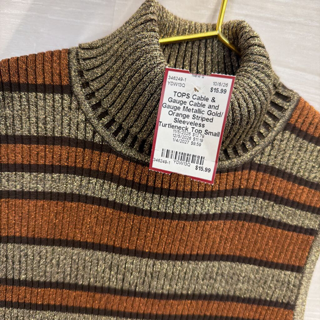 Cable and Gauge Metallic Gold/ Orange Striped Sleeveless Turtleneck Top Small