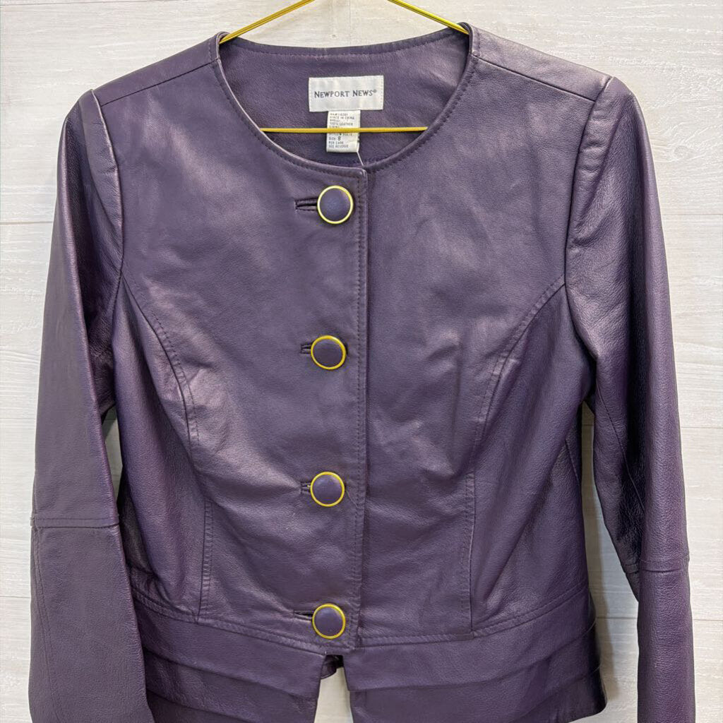 Vintage Newport News Purple 100% Leather Button Front Jacket 8
