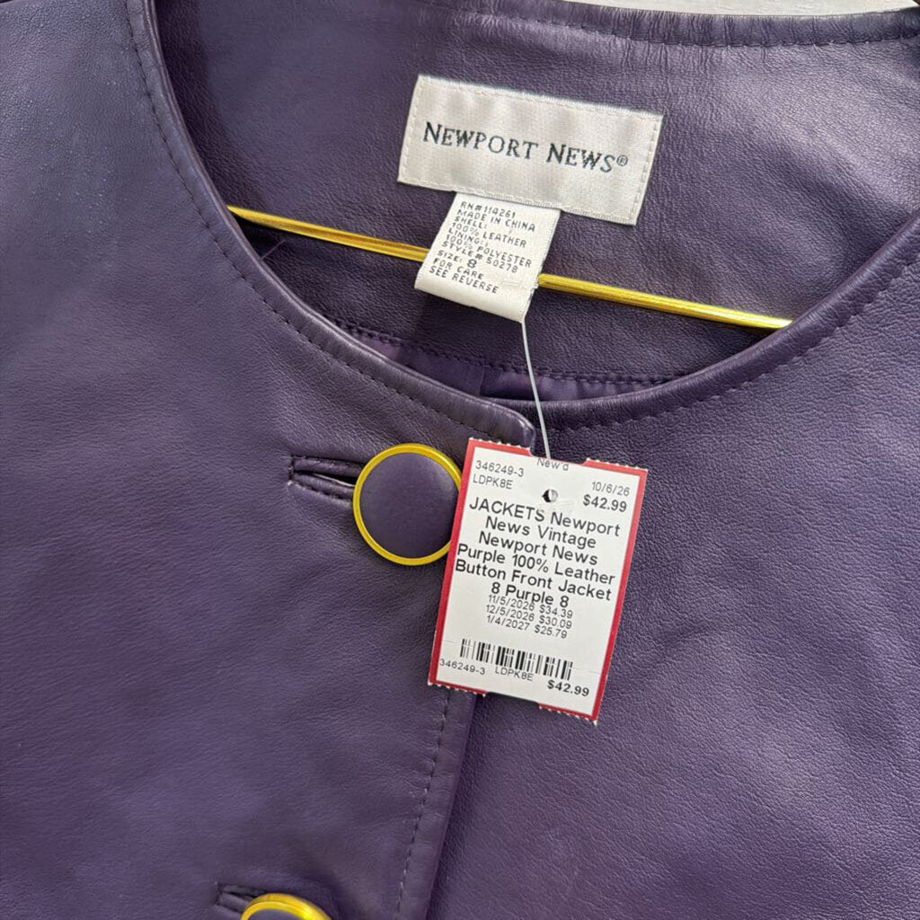 Vintage Newport News Purple 100% Leather Button Front Jacket 8