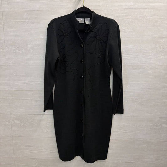 Vintage Liz Claiborne Black Knit Swirl Detail Long Sleeve Button Front Dress Small Petite