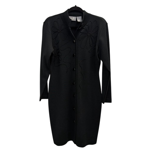 Vintage Liz Claiborne Black Knit Swirl Detail Long Sleeve Button Front Dress Small Petite