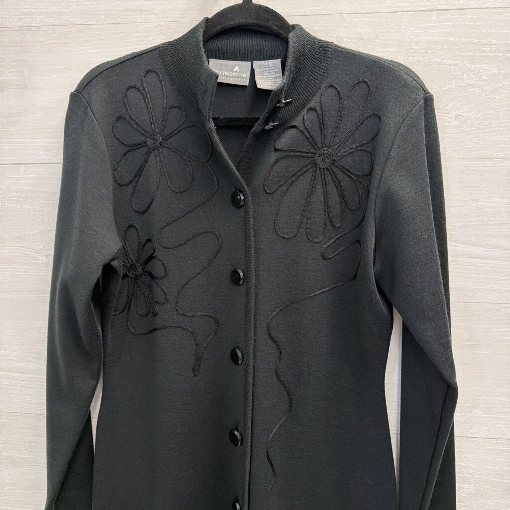 Vintage Liz Claiborne Black Knit Swirl Detail Long Sleeve Button Front Dress Small Petite