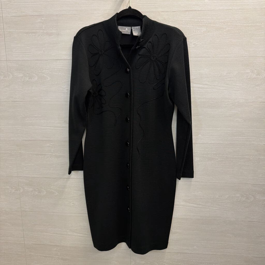 Vintage Liz Claiborne Black Knit Swirl Detail Long Sleeve Button Front Dress Small Petite
