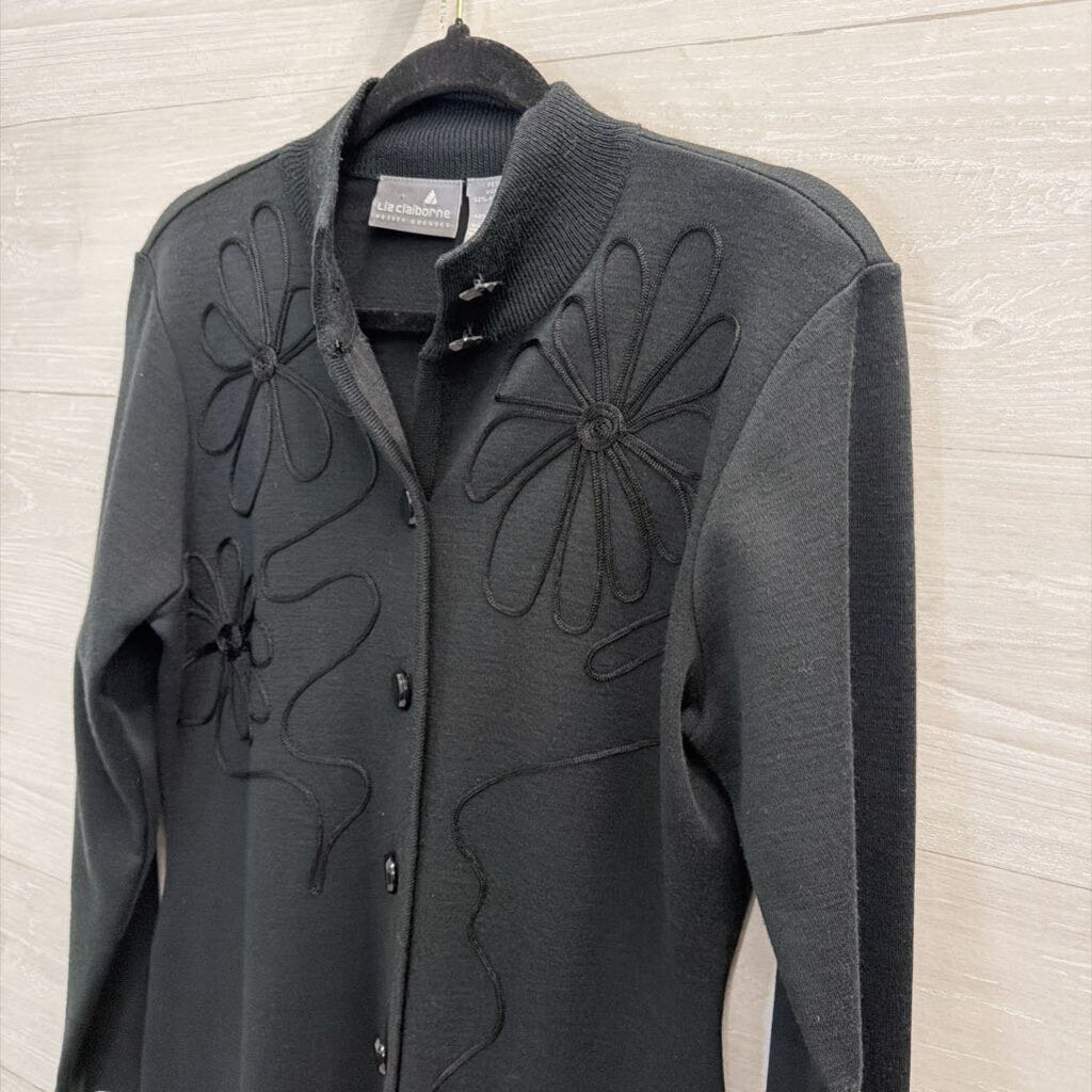 Vintage Liz Claiborne Black Knit Swirl Detail Long Sleeve Button Front Dress Small Petite