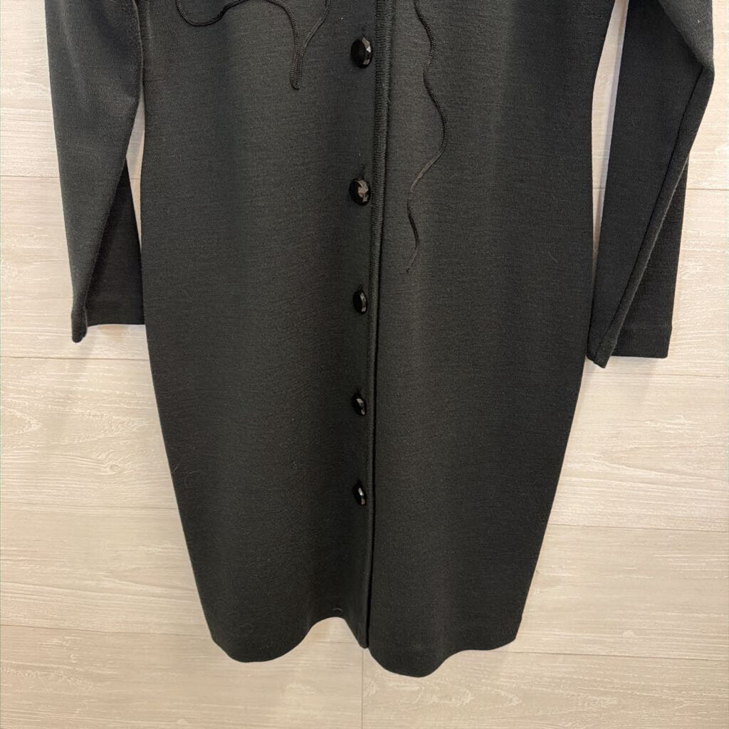 Vintage Liz Claiborne Black Knit Swirl Detail Long Sleeve Button Front Dress Small Petite
