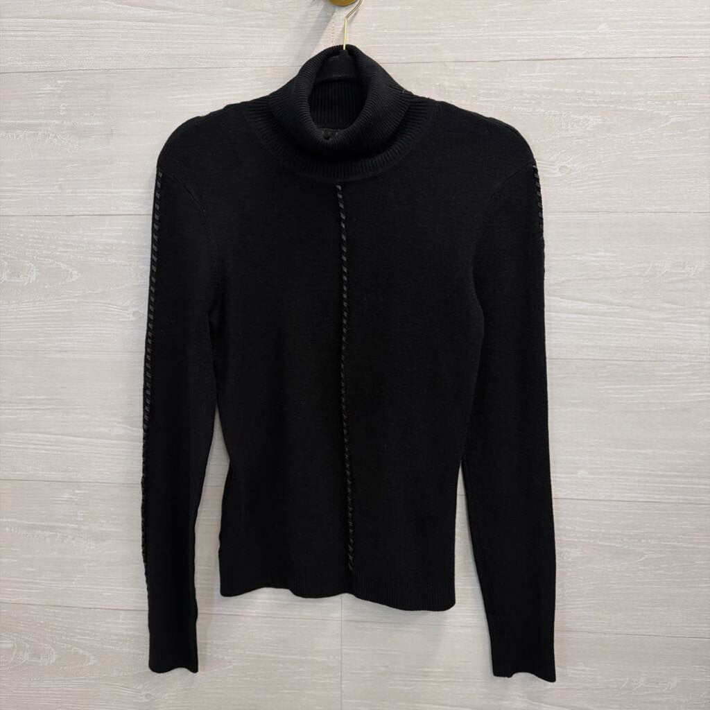 Yuka Black Braided Leather Detail Turtleneck Sweater Top Small