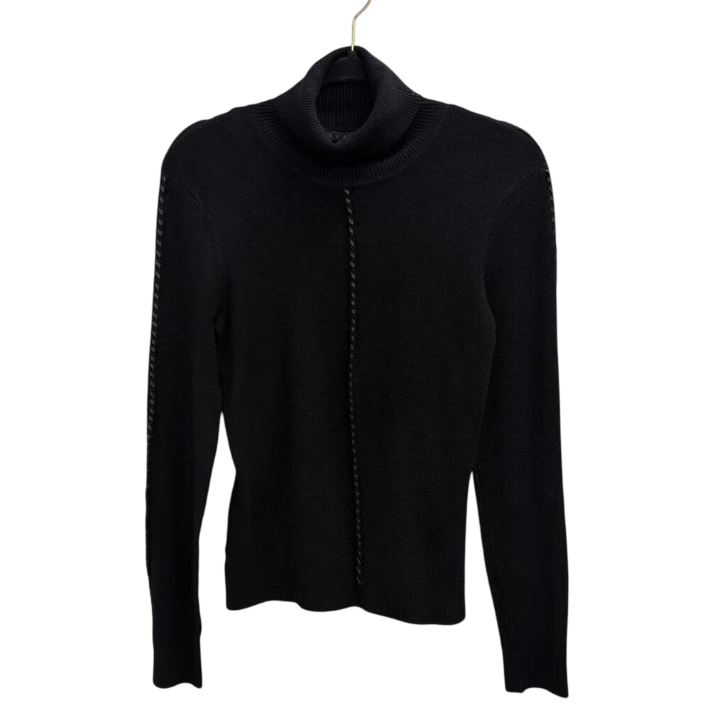 Yuka Black Braided Leather Detail Turtleneck Sweater Top Small