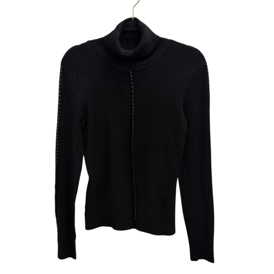 Yuka Black Braided Leather Detail Turtleneck Sweater Top Small