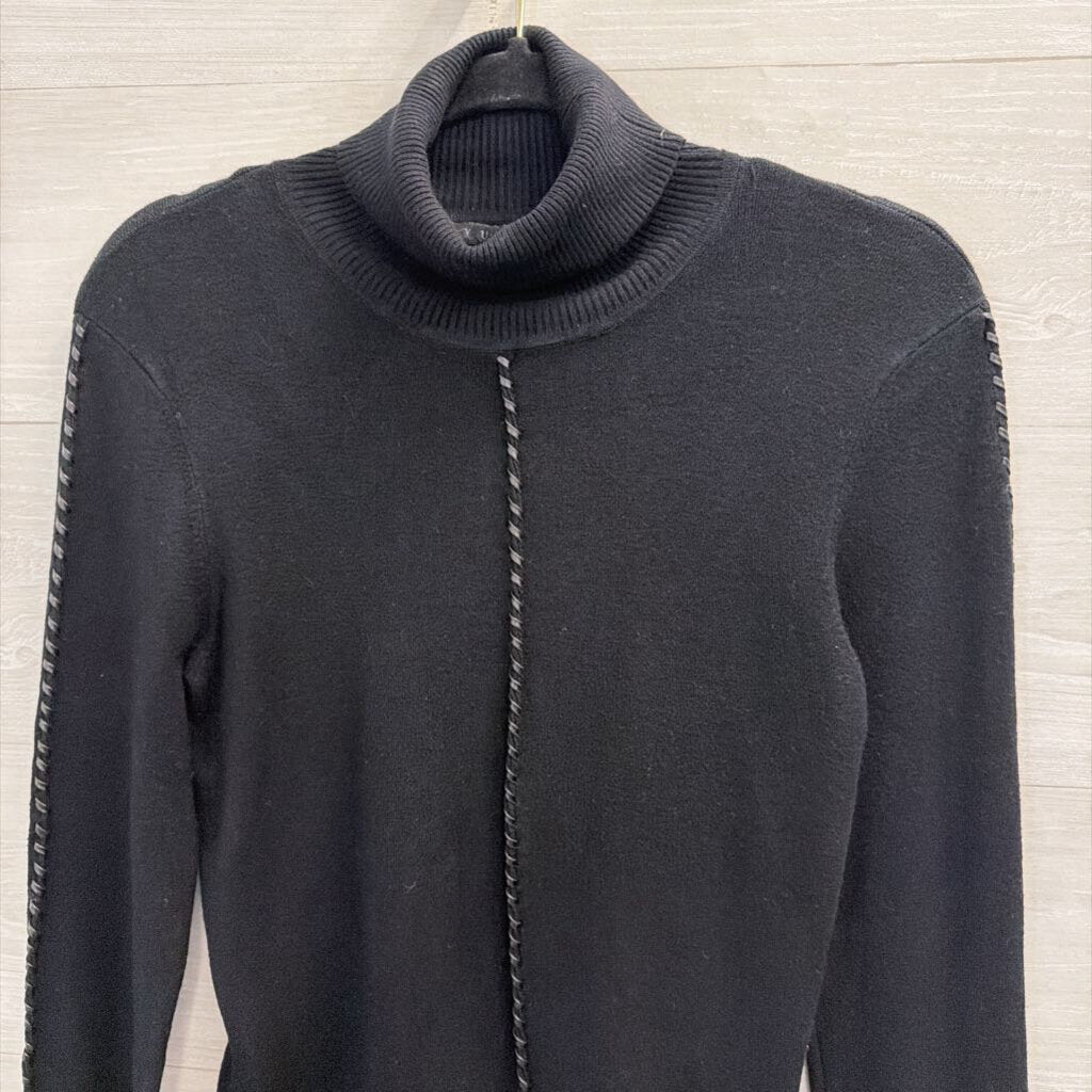 Yuka Black Braided Leather Detail Turtleneck Sweater Top Small
