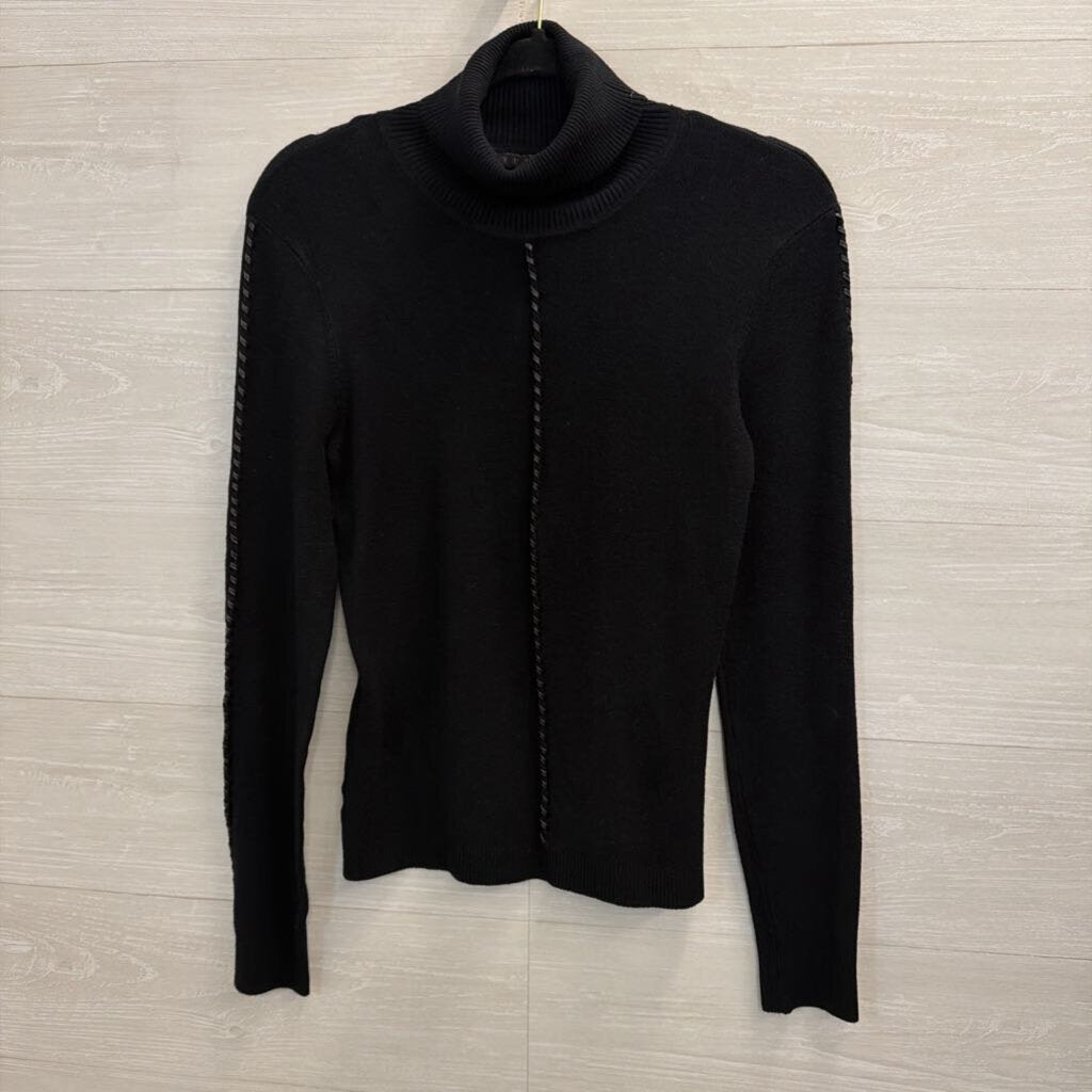 Yuka Black Braided Leather Detail Turtleneck Sweater Top Small