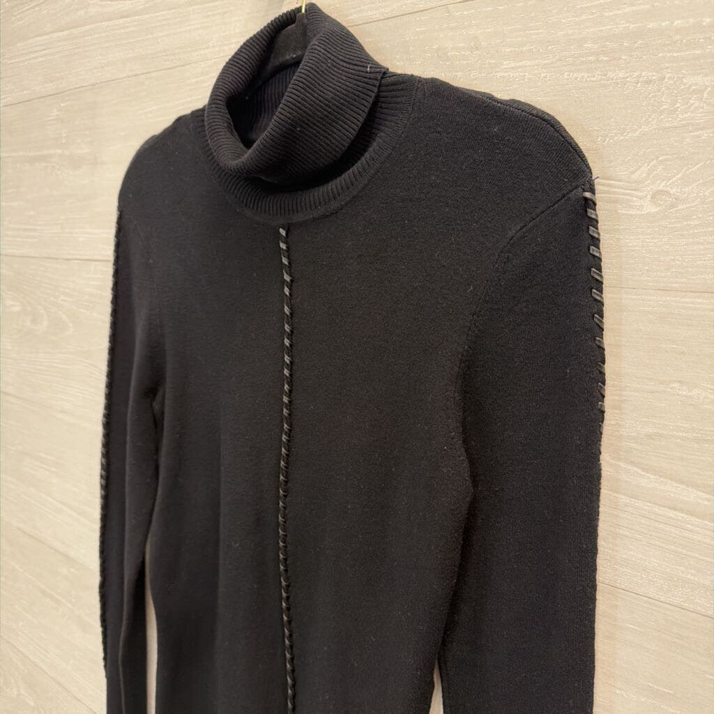 Yuka Black Braided Leather Detail Turtleneck Sweater Top Small