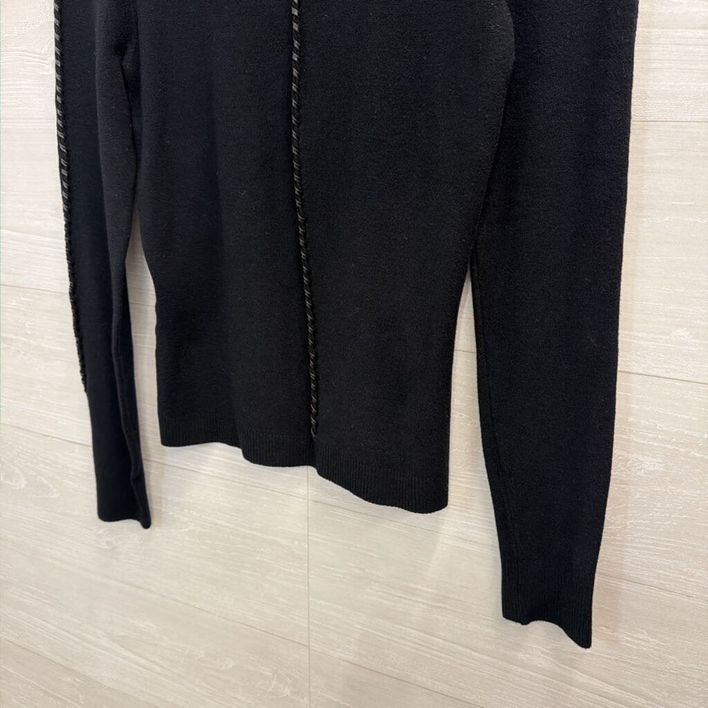 Yuka Black Braided Leather Detail Turtleneck Sweater Top Small