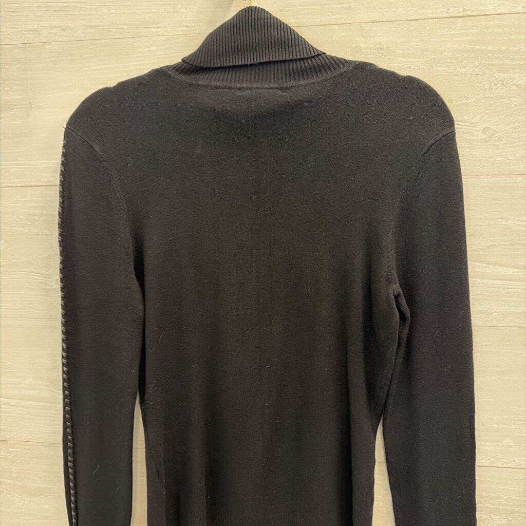 Yuka Black Braided Leather Detail Turtleneck Sweater Top Small