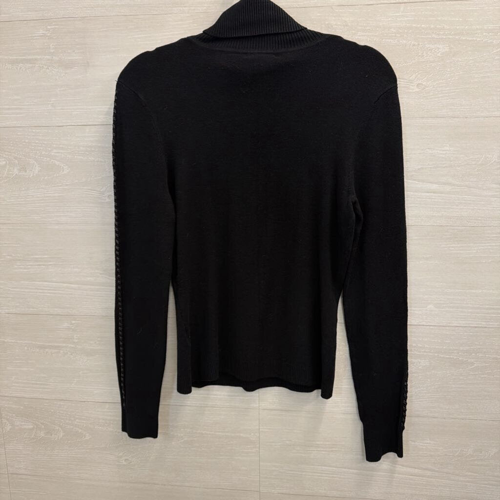 Yuka Black Braided Leather Detail Turtleneck Sweater Top Small