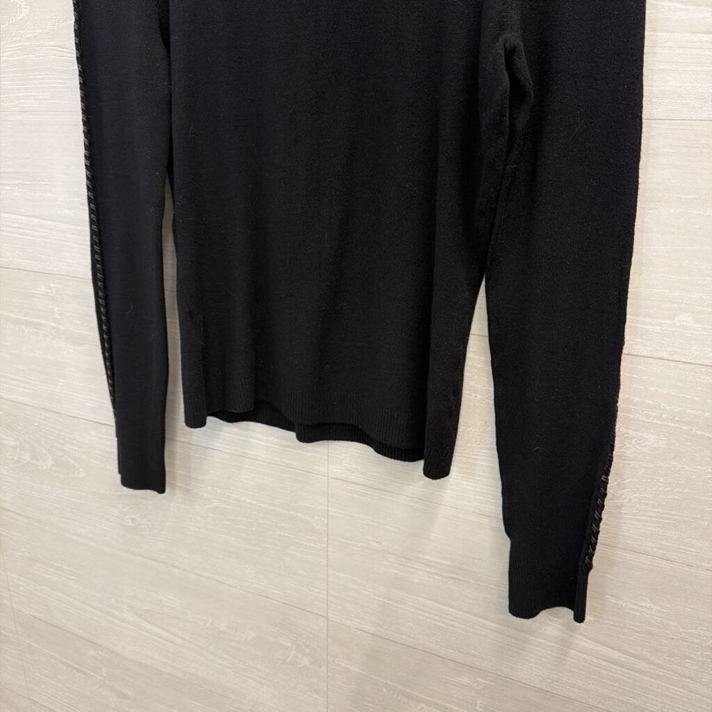 Yuka Black Braided Leather Detail Turtleneck Sweater Top Small