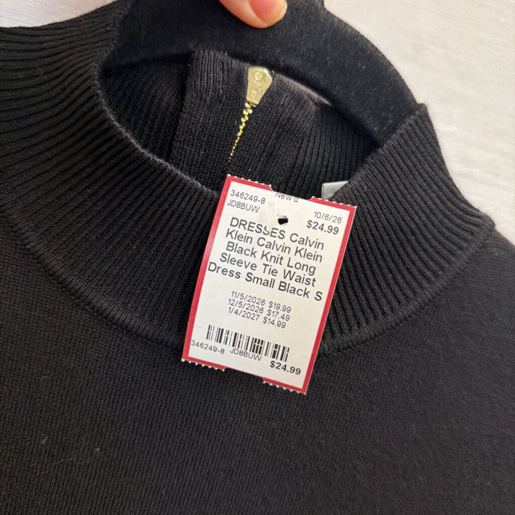 Calvin Klein Black Knit Long Sleeve Tie Waist Dress Small