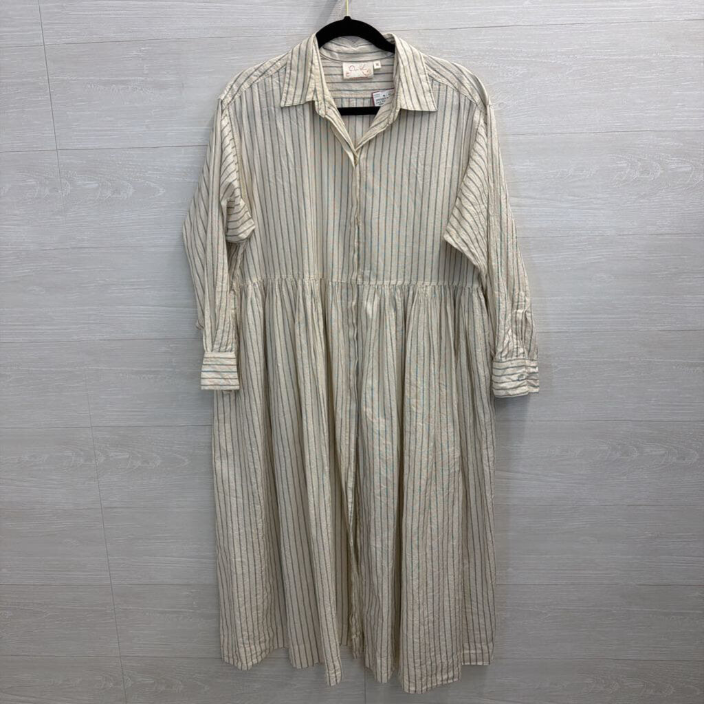 Paper Lace White/ Black Striped Long Sleeve Button Down Midi Dress Extra Large