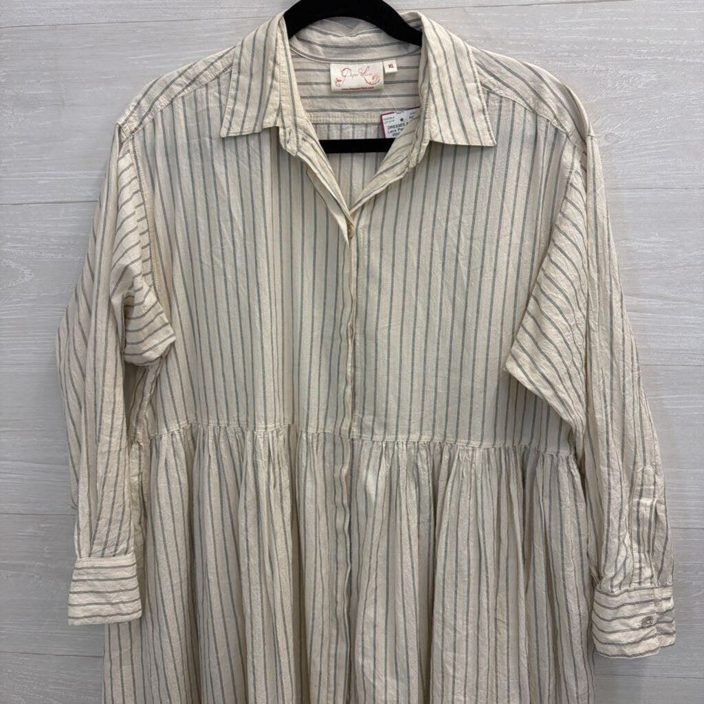 Paper Lace White/ Black Striped Long Sleeve Button Down Midi Dress Extra Large