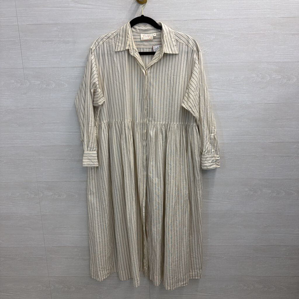Paper Lace White/ Black Striped Long Sleeve Button Down Midi Dress Extra Large