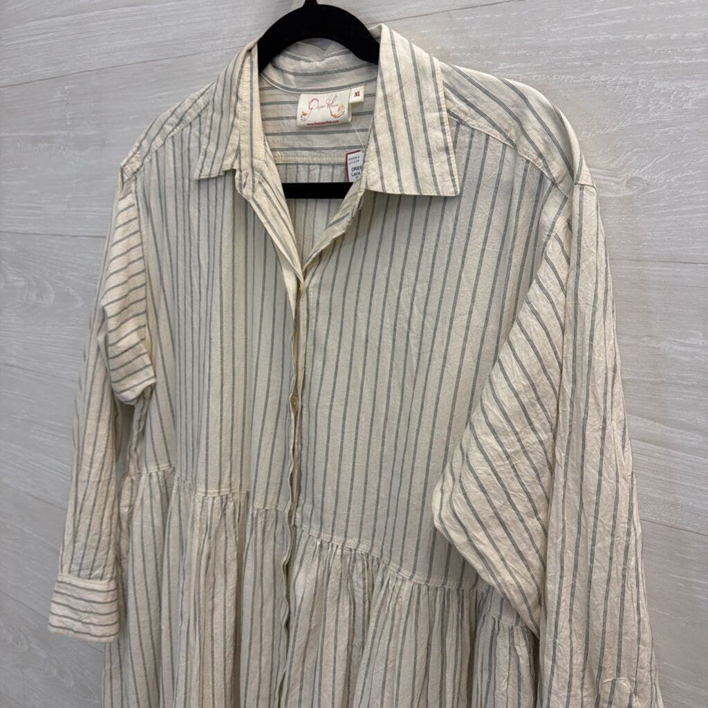 Paper Lace White/ Black Striped Long Sleeve Button Down Midi Dress Extra Large