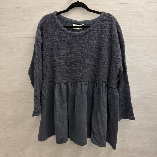 Paper Lace Blue Texture Knit Long Sleeve Babydoll Top One Size