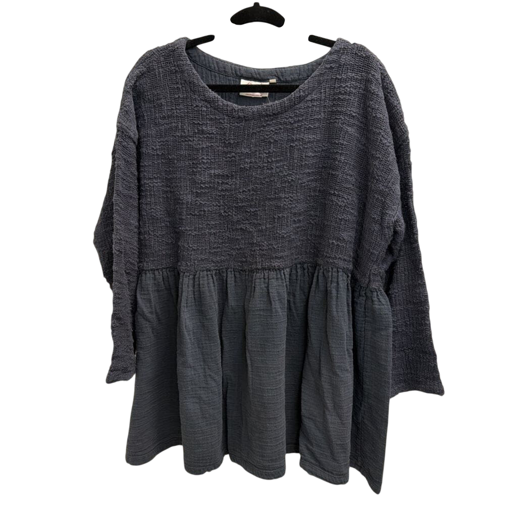 Paper Lace Blue Texture Knit Long Sleeve Babydoll Top One Size