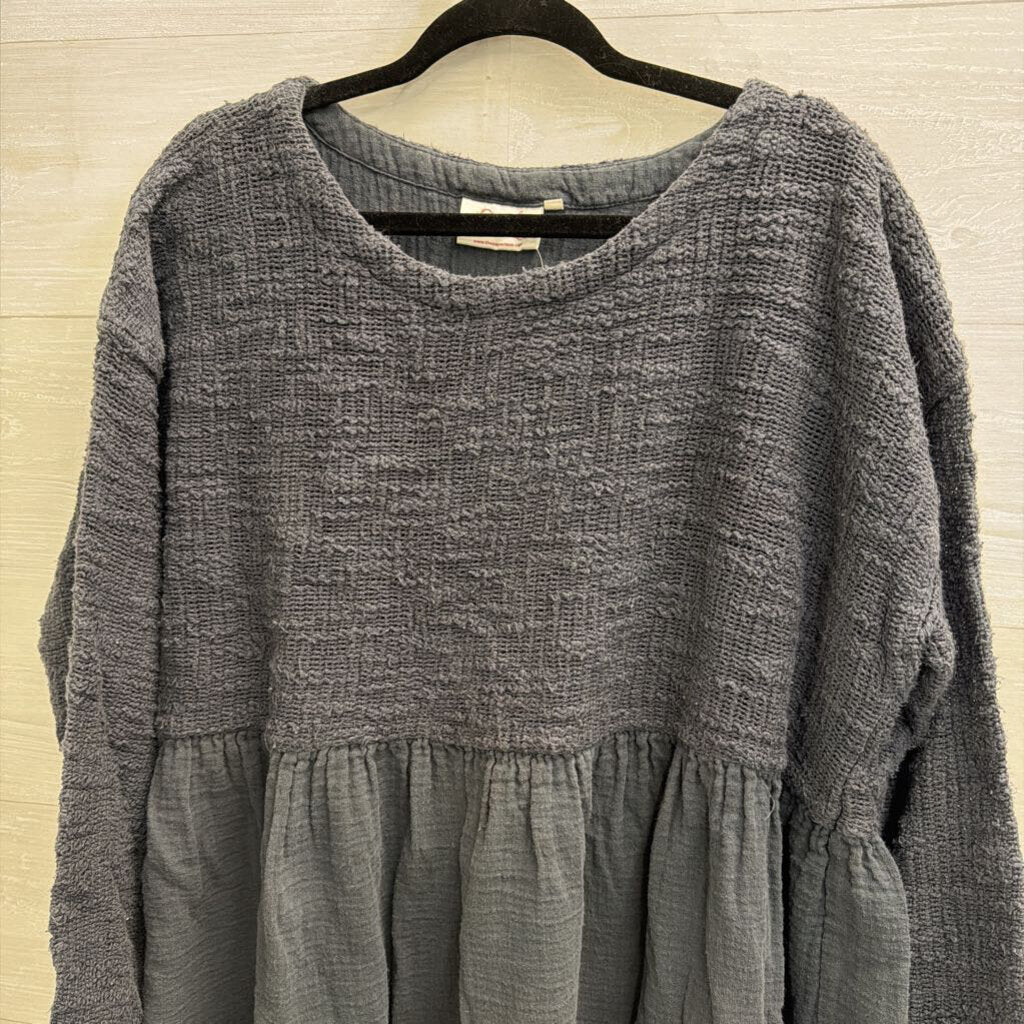 Paper Lace Blue Texture Knit Long Sleeve Babydoll Top One Size