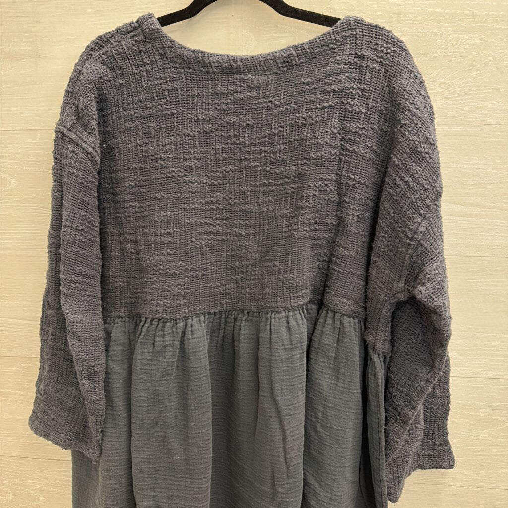 Paper Lace Blue Texture Knit Long Sleeve Babydoll Top One Size