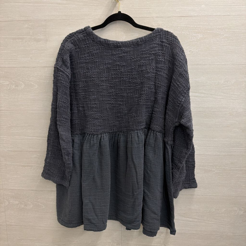 Paper Lace Blue Texture Knit Long Sleeve Babydoll Top One Size