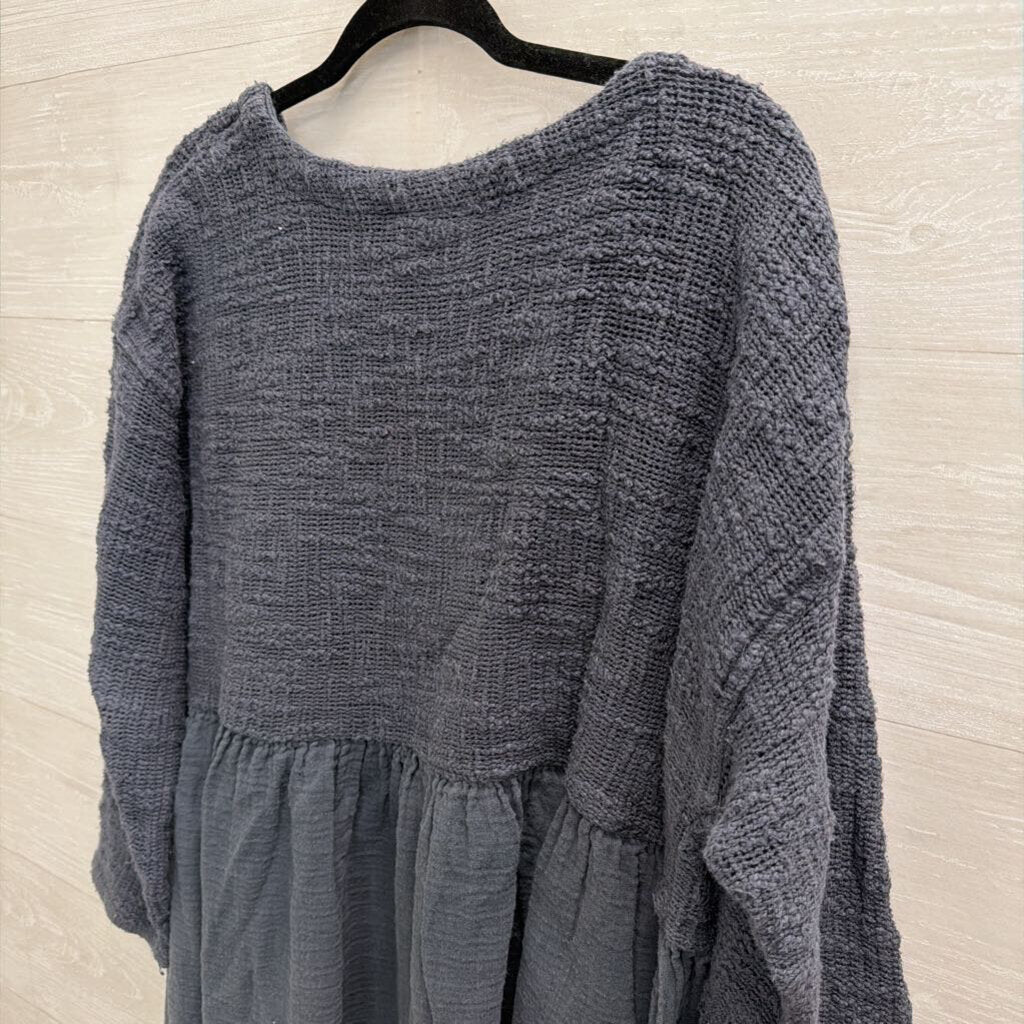 Paper Lace Blue Texture Knit Long Sleeve Babydoll Top One Size