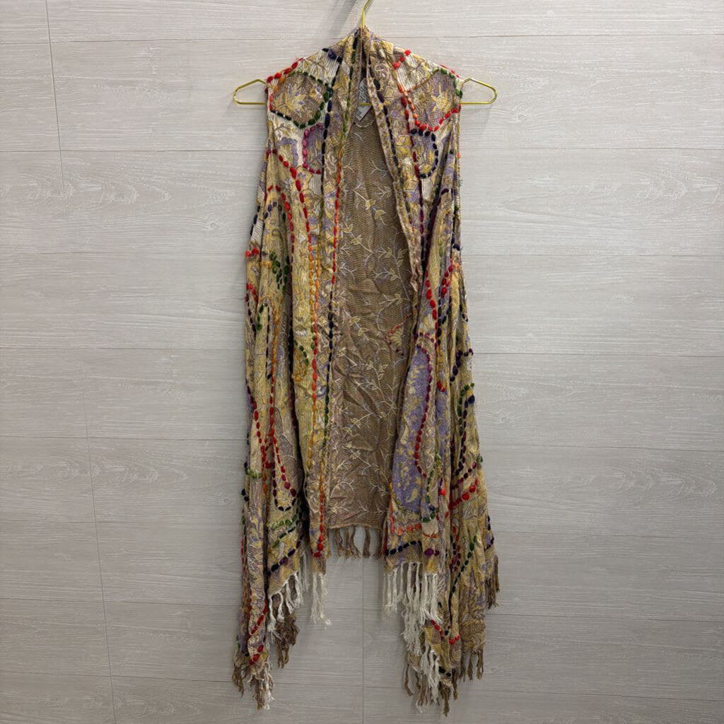 Raj Beige/ Multi Knit Print Sleeveless Open Front Top One Size