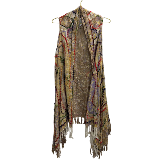 Raj Beige/ Multi Knit Print Sleeveless Open Front Top One Size