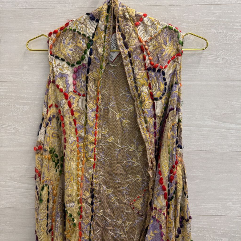 Raj Beige/ Multi Knit Print Sleeveless Open Front Top One Size