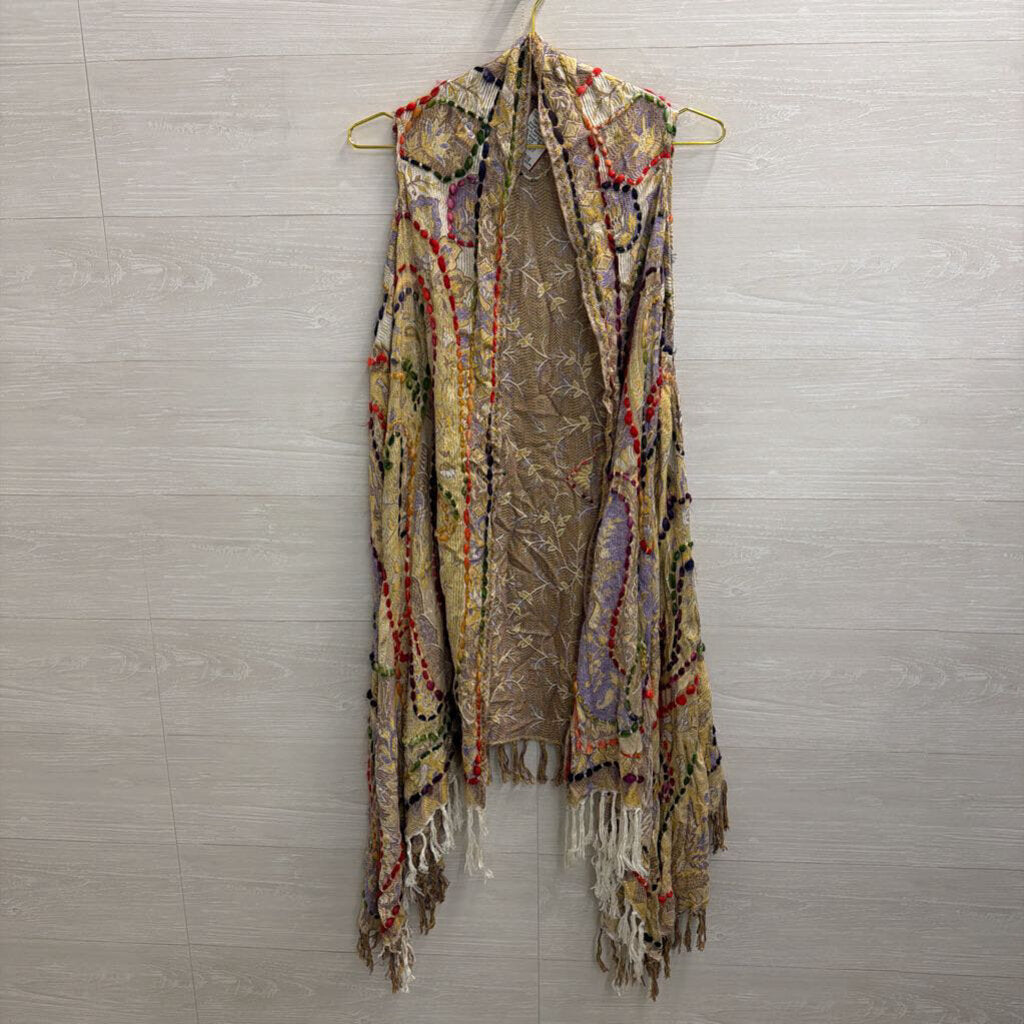 Raj Beige/ Multi Knit Print Sleeveless Open Front Top One Size