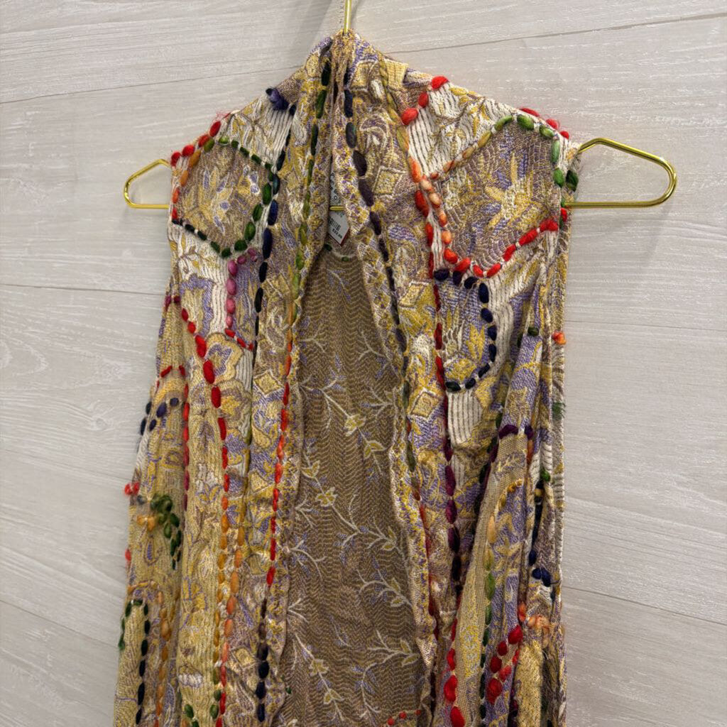 Raj Beige/ Multi Knit Print Sleeveless Open Front Top One Size
