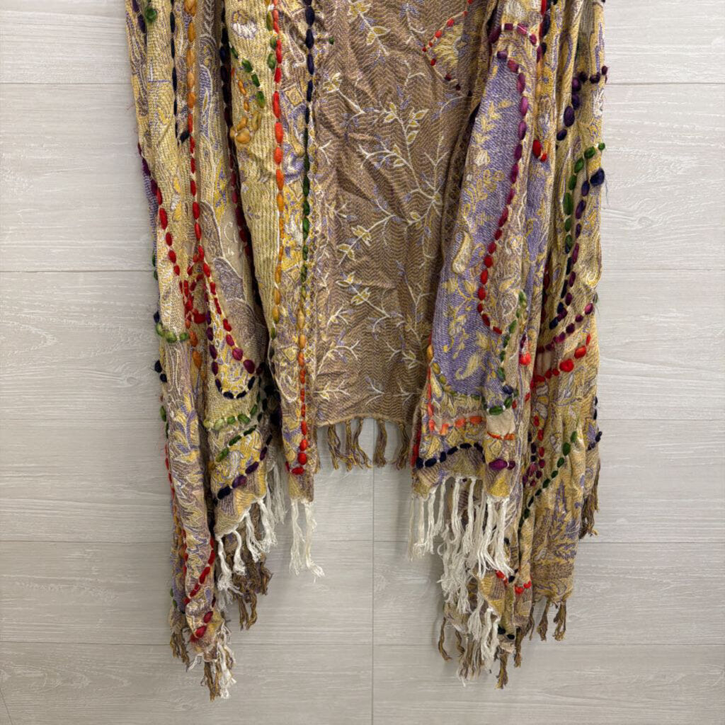 Raj Beige/ Multi Knit Print Sleeveless Open Front Top One Size