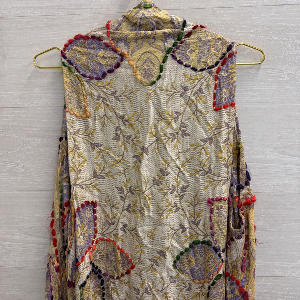 Raj Beige/ Multi Knit Print Sleeveless Open Front Top One Size