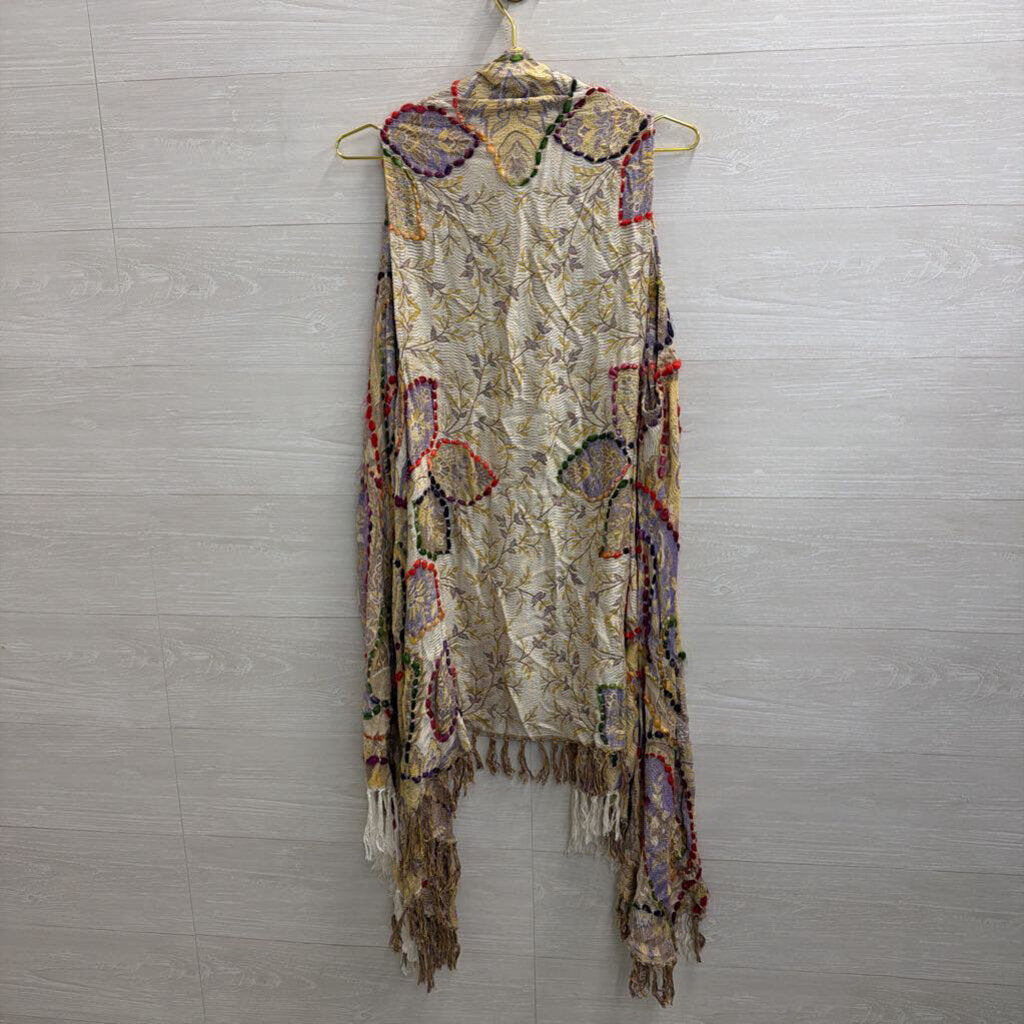 Raj Beige/ Multi Knit Print Sleeveless Open Front Top One Size