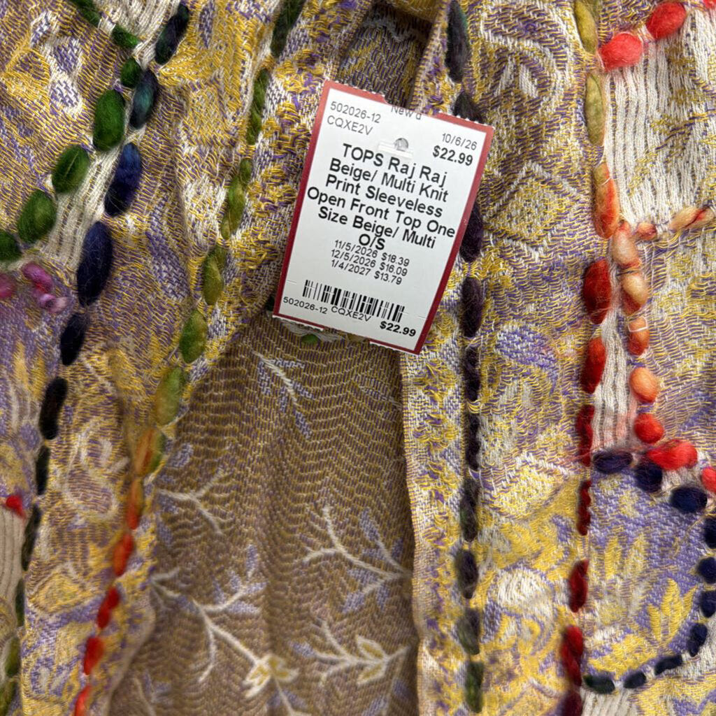 Raj Beige/ Multi Knit Print Sleeveless Open Front Top One Size