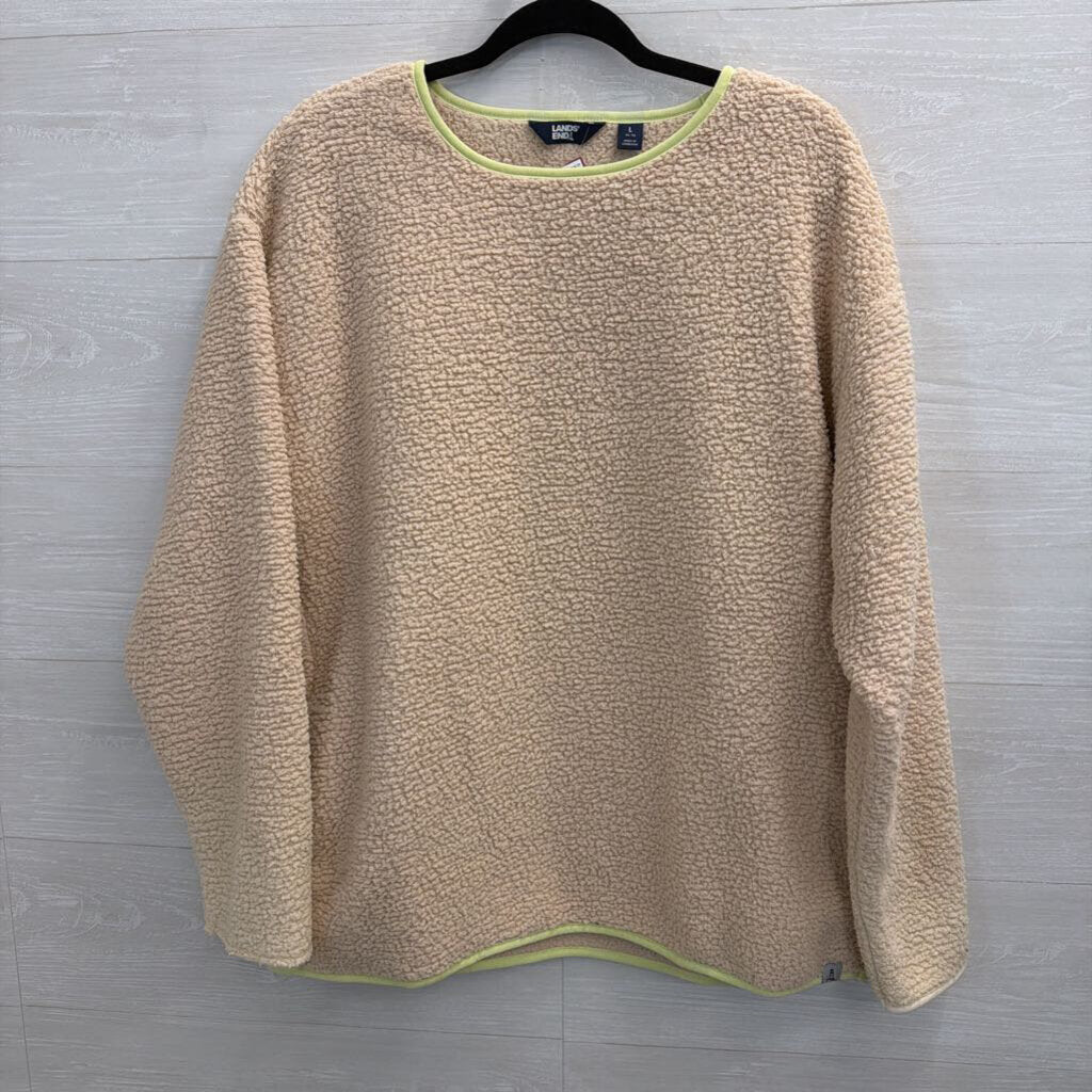 Lands End Beige Sherpa Green Trim Long Sleeve Top Large