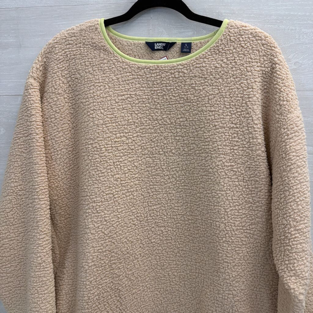 Lands End Beige Sherpa Green Trim Long Sleeve Top Large